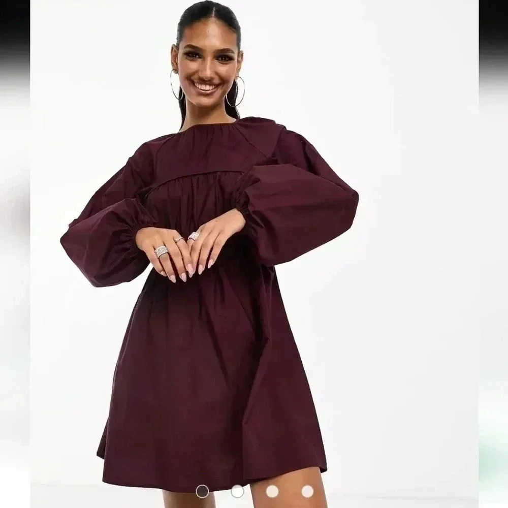 ASOS DESIGN cotton poplin mini dress with ruched bust detail in burgundy